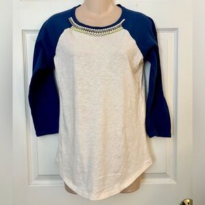 J.Crew Blue Ivory Diamond Beaded Jeweled 3/4 Sleeve Baseball T-Shirt M